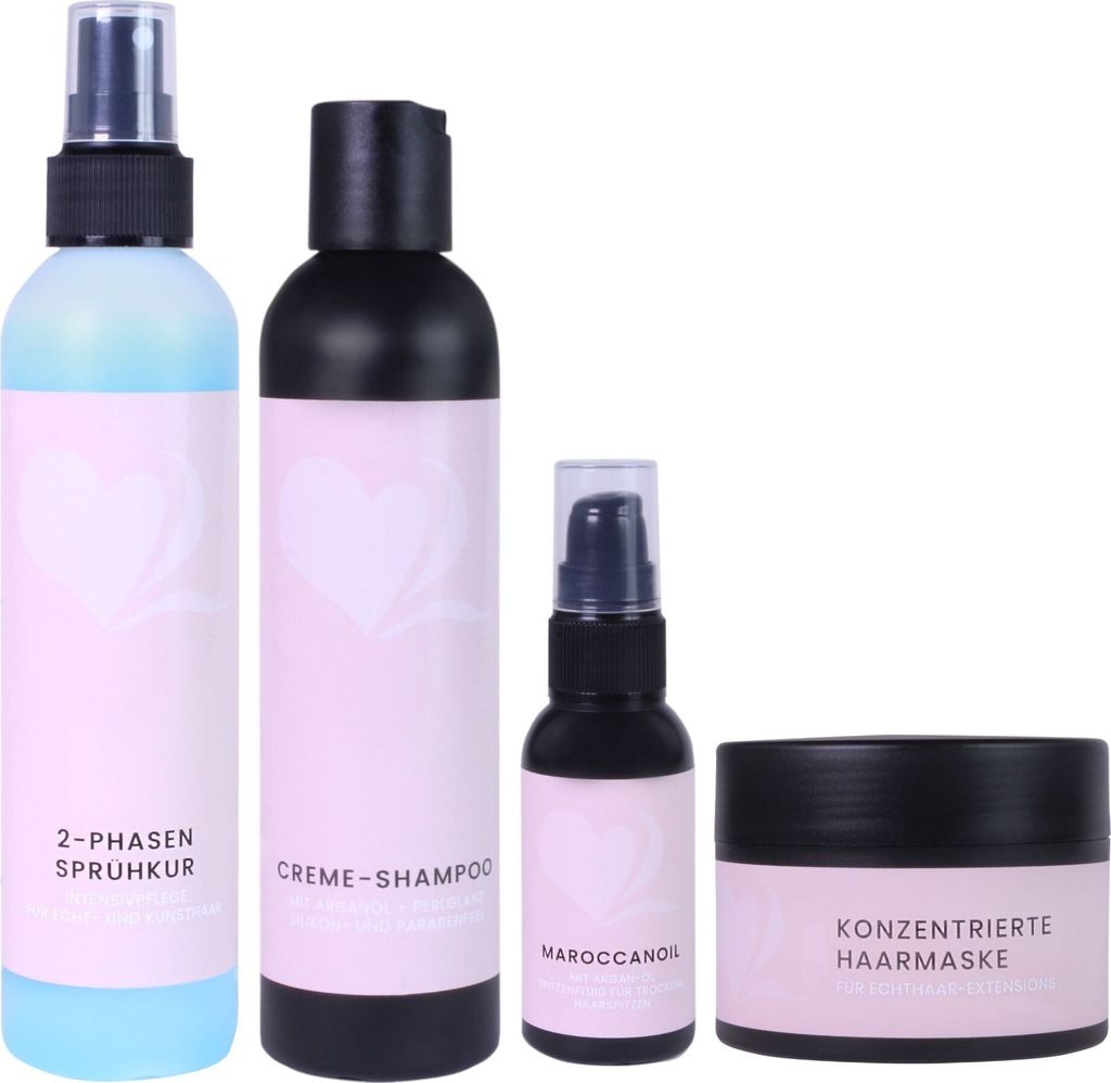 hair2heart Pflegeset für Echthaar Extensions Haarverlängerungen - 2-Phasen Sprühkur, Creme-Shampoo, Haaröl und Haarmaske für strahlendes, gesu...