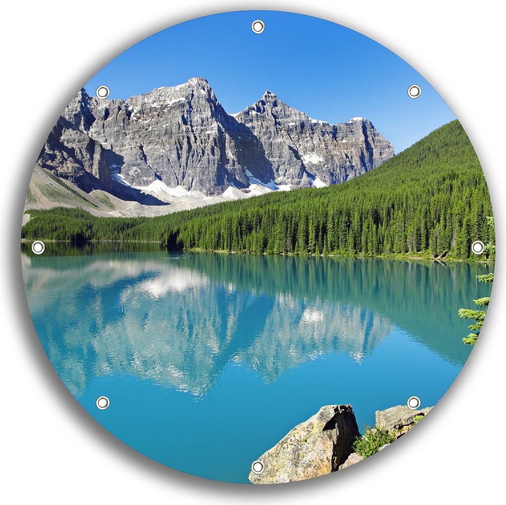 Wallario rundes Outdoor-Poster für Garten oder Balkon, Motiv Tiefblauer See mit Bergpanorama und Wäldern Kanada, 30 cm Durchmesser