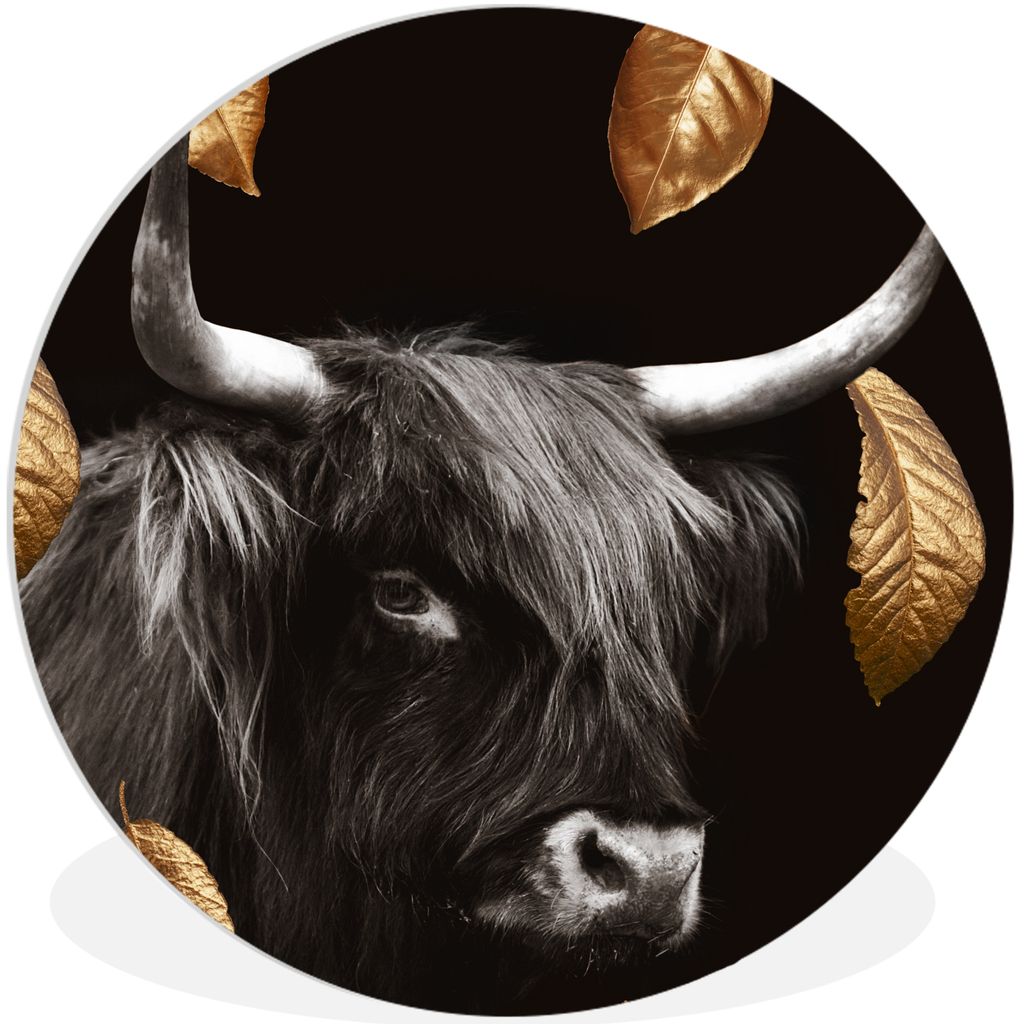 MuchoWow Rundes Wandbild - Runde Bilder Schottischer Highlander - Gold - Schwarz - Weiß Ø 60 cm Kreis Wanddekoration Kunststoff - Wandkreis - W...