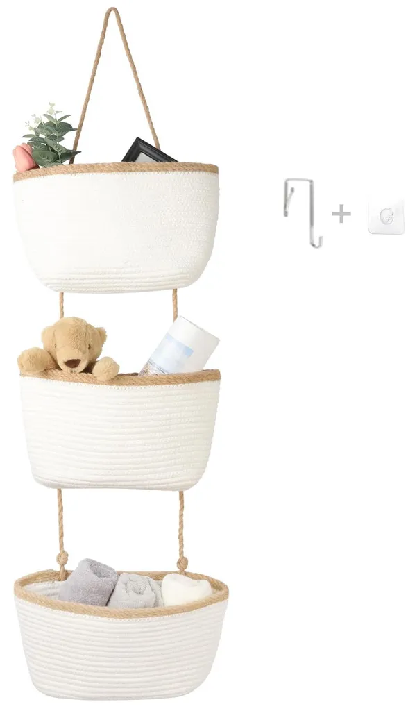 Panier suspendu déco 3 niveaux, rangement en coton blanc et chanvre