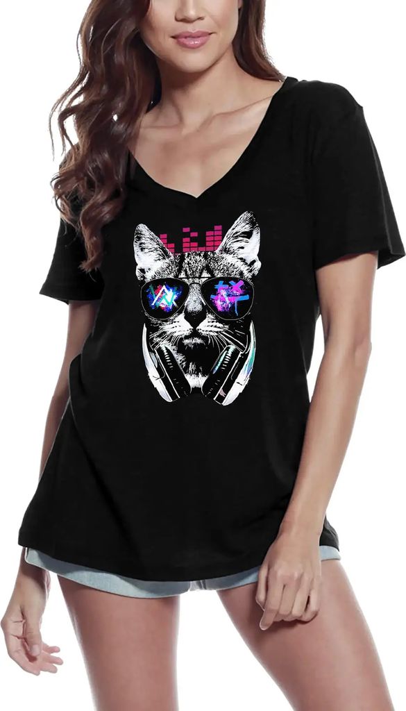 Damen Grafik T-Shirt V-Ausschnitt Musikalische Katze - Katze mit Kopfhörern – Musical Cat - Cat With Headphones – Öko-Verantwortlich Vintage ...