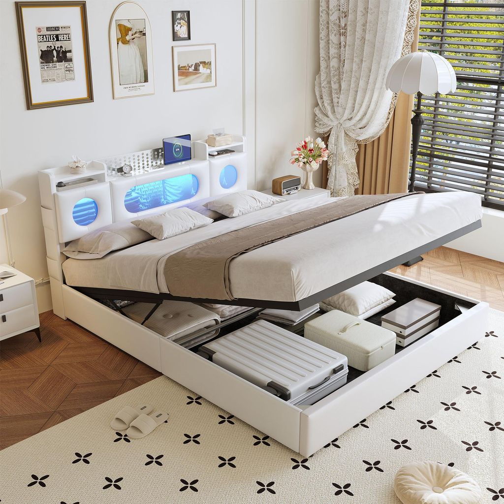ProximaX Gasdruckbett 140×200 cm mit LED, USB & Type-C, aufklappbarem Kopfteil-Stauraum und Bettkasten – Modernes Schlafzimmerbett, Weißes