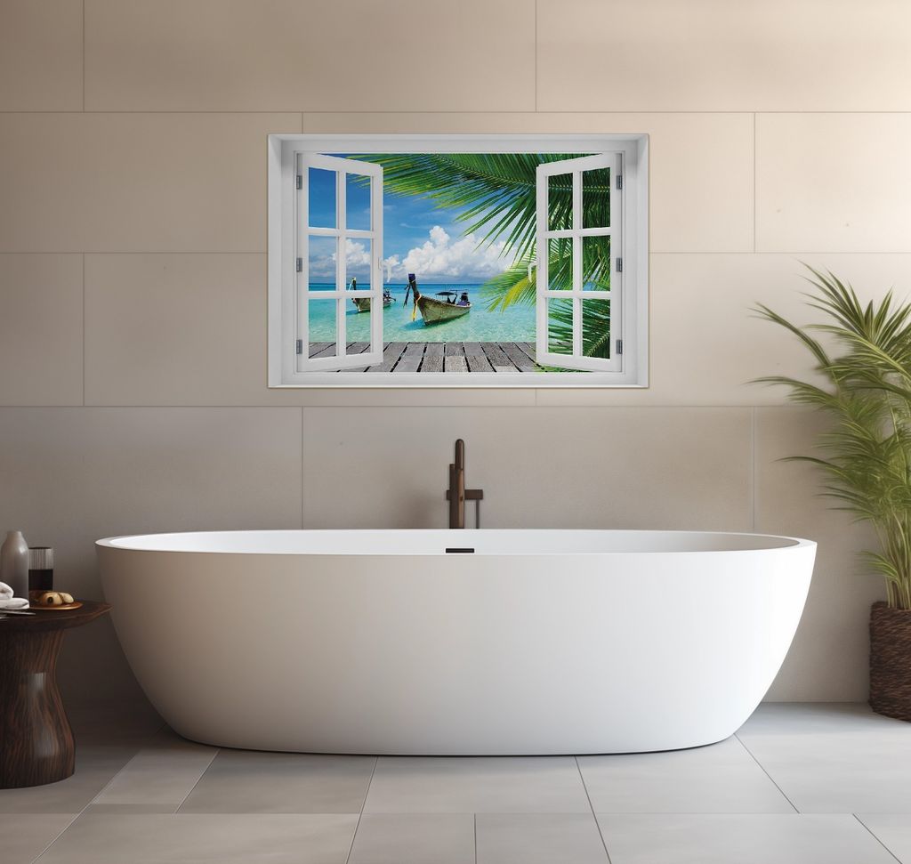 Wallario wasserfestes Poster selbstklebend 91,50 x 61 cm, Sonnenboot in der Karibik, Badezimmerposter Spritzschutz mit Hochglanzoberfläche in Glas...