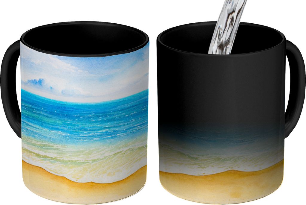 MuchoWow Zauber Tasse Zaubertasse Magic Strand - Meer - Aquarell 350 ml Farbwechsel Becher Geschenk Geschenkidee - Magic-Tasse - Fototasse - Kera...