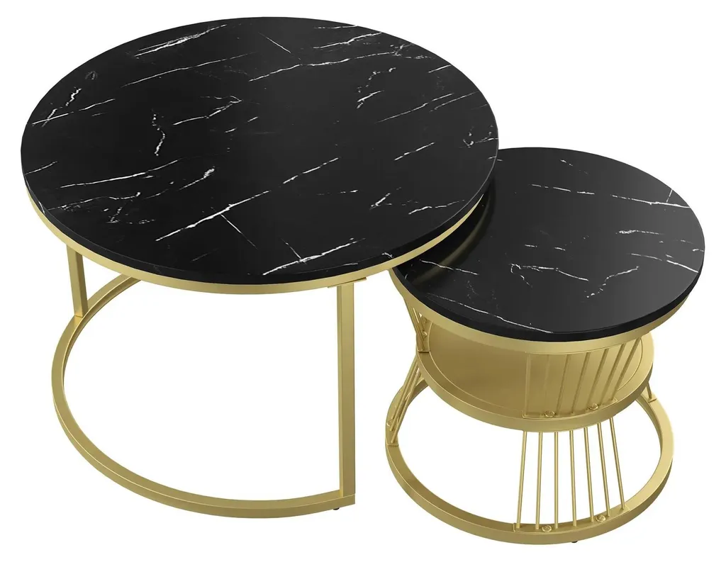 Table basse ronde moderne empilable plateau noir et pieds dorés design