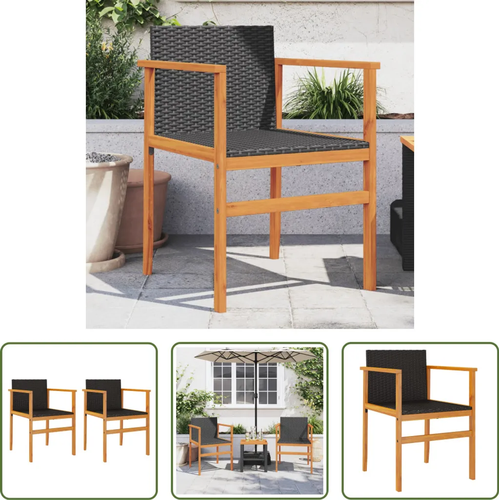 The Living Store Sedie Giardino 2 Pezzi Poly Rattan Nero e Legno Massiccio