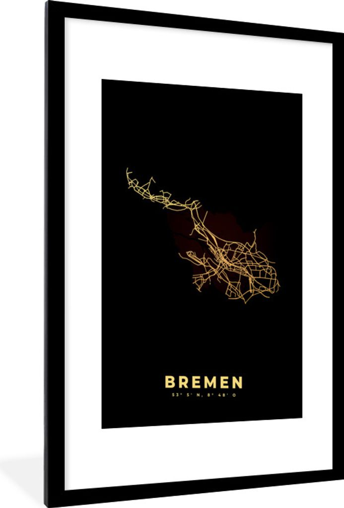 MuchoWow Gerahmtes Poster Karte - Bremen - Gold - Stadtplan 60x90 cm - Poster mit Schwarzem Bilderrahmen Wandposter Rahmen Foto Bilder - Dekorati...