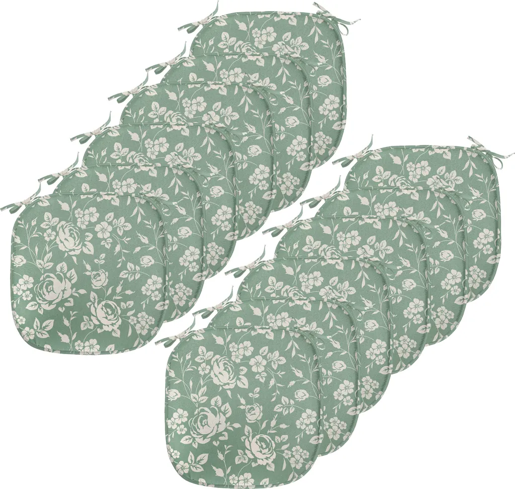 ABAKUHAUS Cuscini decorativi per sedie da sala da pranzo, bouquet di rose vittoriane, cuscini decorativi impermeabili con cinturini per sedie da cucina, 40 cm x 40 cm, confezione da 12, verde reseda crema