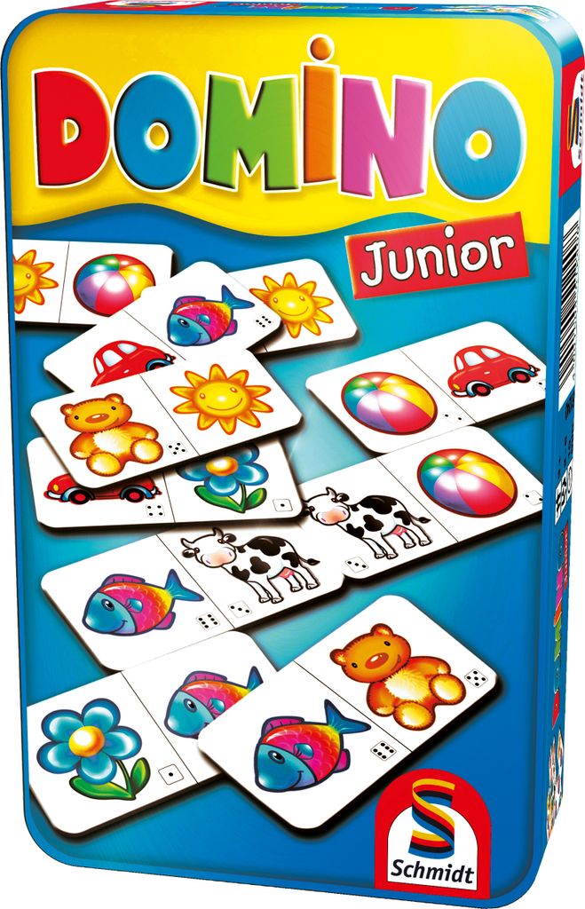A tin box for a Domino Junior game, showing various domino tiles with colorful illustrations of animals, toys, and nature elements.