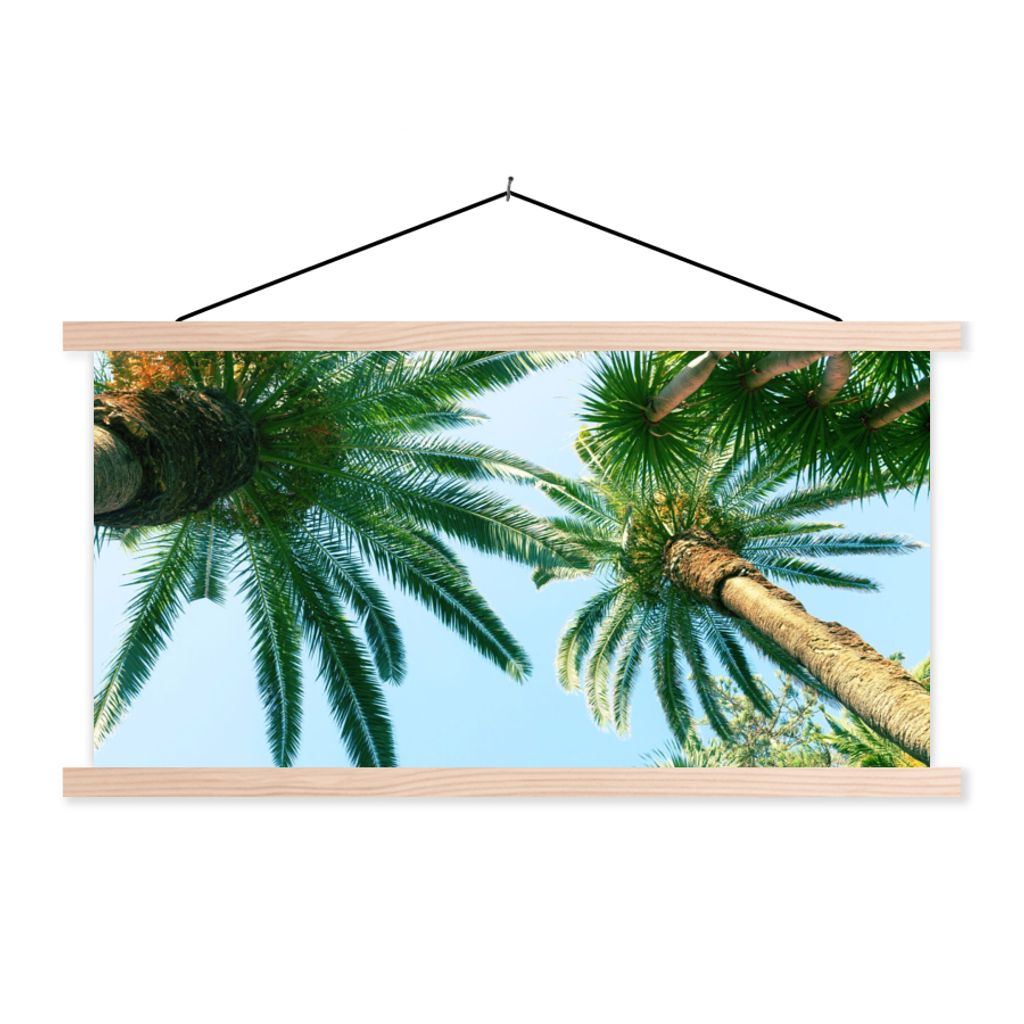 MuchoWow Textilposter Palmwedel - Himmel - Sommer - Tropisch 120x60 cm mit holzfarbenen Rahmen - Klemmleiste