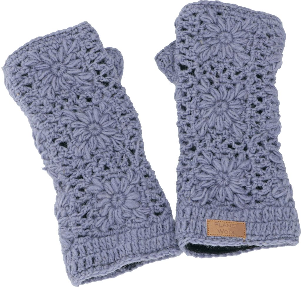 Gehäkelte Handstulpen Blümchen, Armstulpen aus Schurwolle, Pulswärmer - Taubenblau, Uni, Grau, Handschuhe & Handstulpen