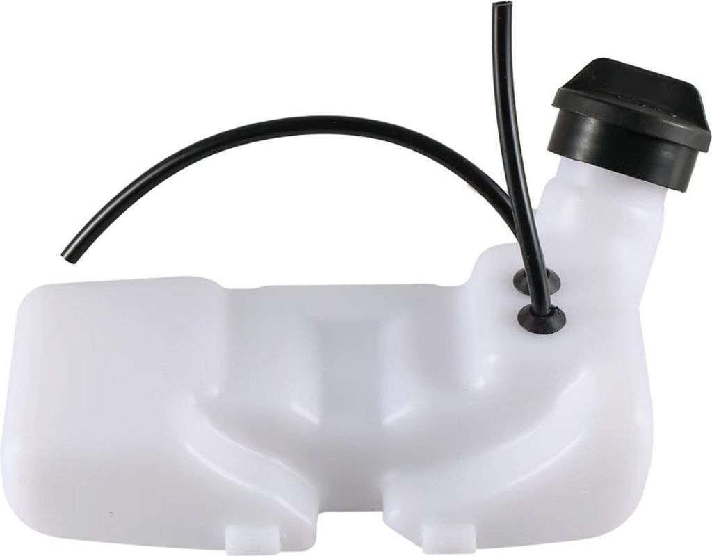 A white plastic fuel tank with a black cap and black fuel lines, isolated on a white background.