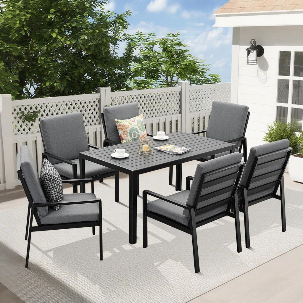 MeXo Gartenlounge-Set Gartenmöbel Set Aluminium 6 Personen, wetterfeste Garten-Essgruppe mit dicke Kissen & Esstisch 140x80x70 cm, Outdoor Indoor