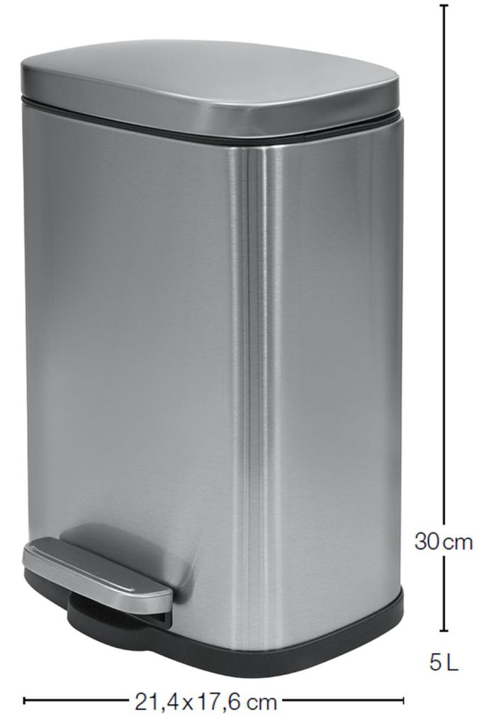 A silver stainless steel pedal bin with dimensions and capacity indicated.