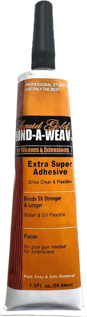 A tube of Liquid Gold Bond-A-Weave Extra Super Adhesive for weaves and extensions.