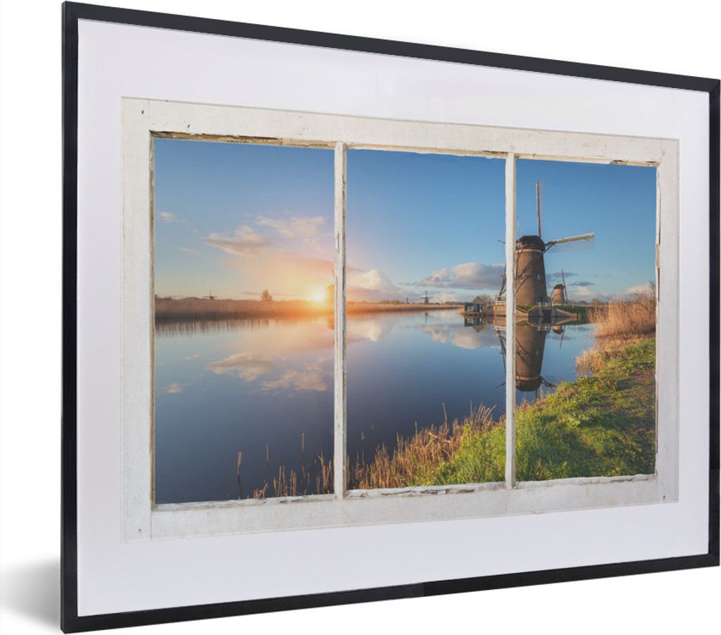 MuchoWow MuchoWow Gerahmtes Poster Aussicht - Mühle - Reflexion 40x30 cm - Poster mit zchwarzem Bilderrahmen - Bilderrahmen - Poster im Rahmen