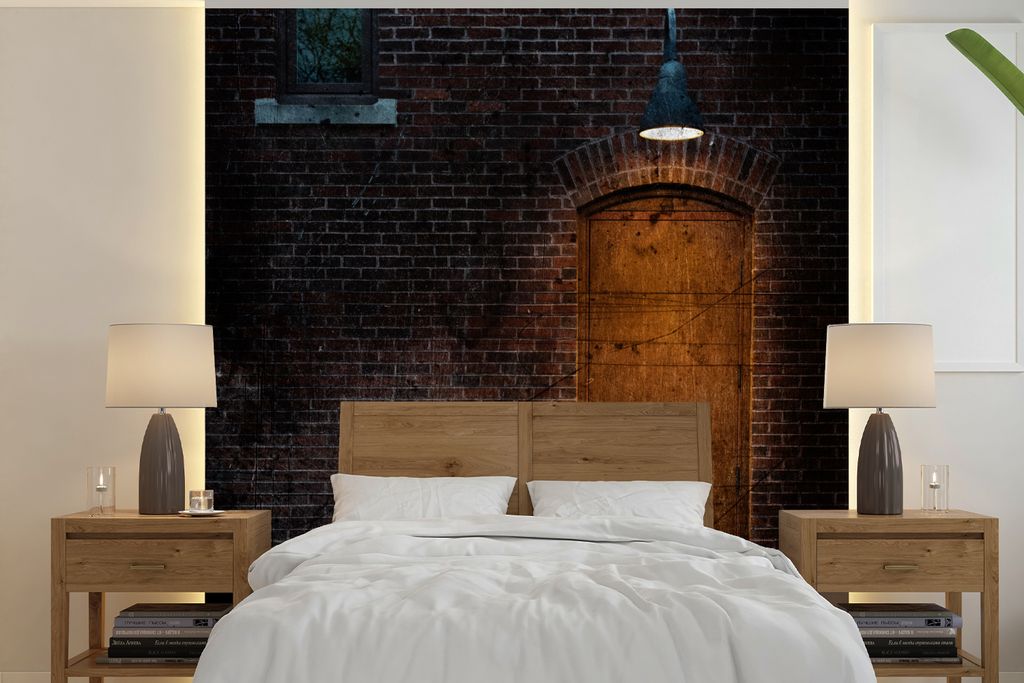 MuchoWow Fototapete für Wohnzimmer oder Schlafzimmer Wandtapete Vinyl Motivtapete Tür - Wand - Lampe - Architektur - 300x300 cm - Wanddekoration