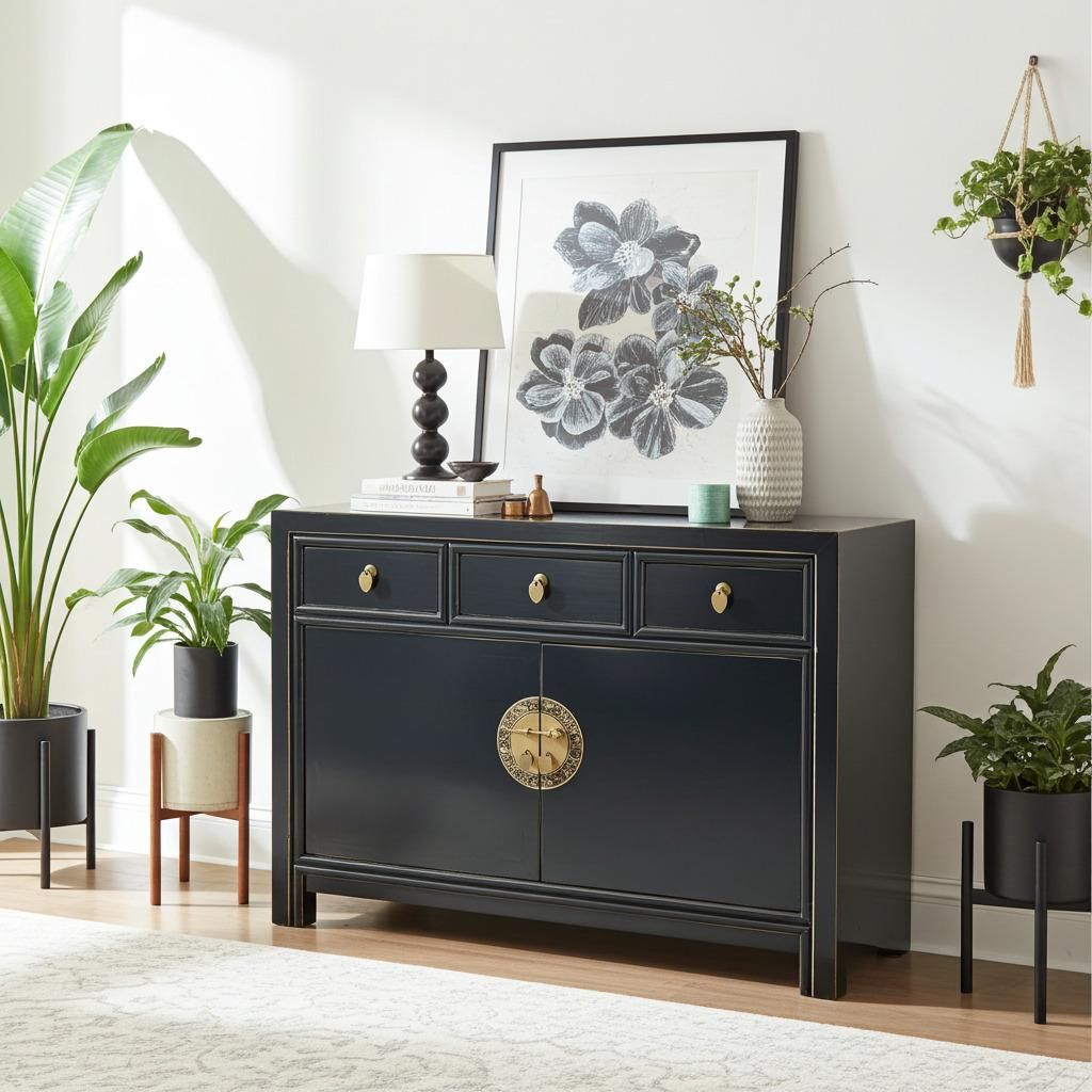 OPIUM OUTLET Chinesische Kommode Asia Sideboard orientalischer Schrank asiatische Vintage Möbel Anrichte Hochzeitsschrank komplett montiert schwarz