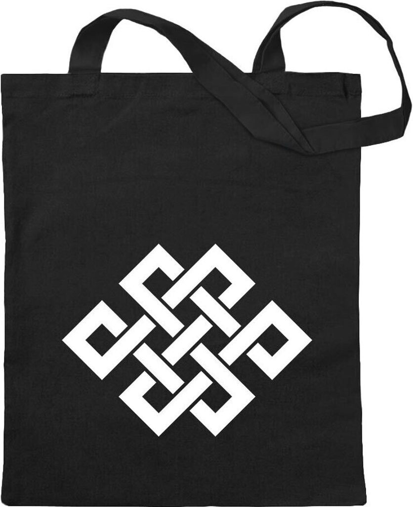 Kiwistar - Baumwolltasche - schwarz - Buddhistischer Knoten - Tragetasche Stoffbeutel Umhängetasche Langer Henkel