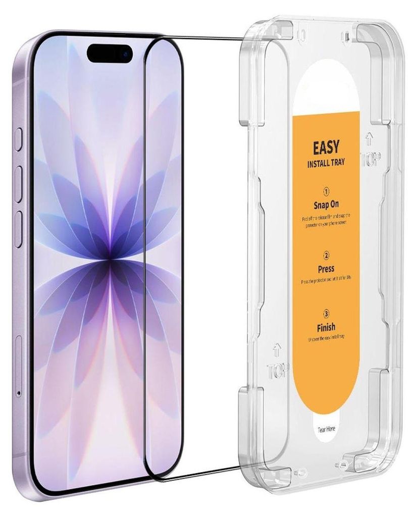 A screen protector for an iPhone is shown next to its installation tray.
