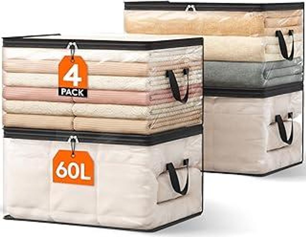 Lifewit 4er Pack Transparente Plastik Aufbewahrungstasche, 60L Kleiderschrank Organizer Aufbewahrungsbox mit Deckel Kleideraufbewahrung Umzugskarto...