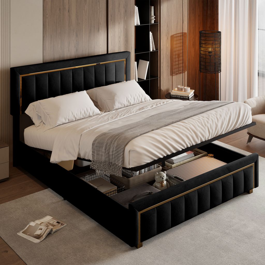 CDGlobal Polsterbett 140x200cm, hydraulisches Boxspringbett mit Lattenrost und Stauraum, Doppelbett Holzbett Jugendbett Kunstleder, Schwarz