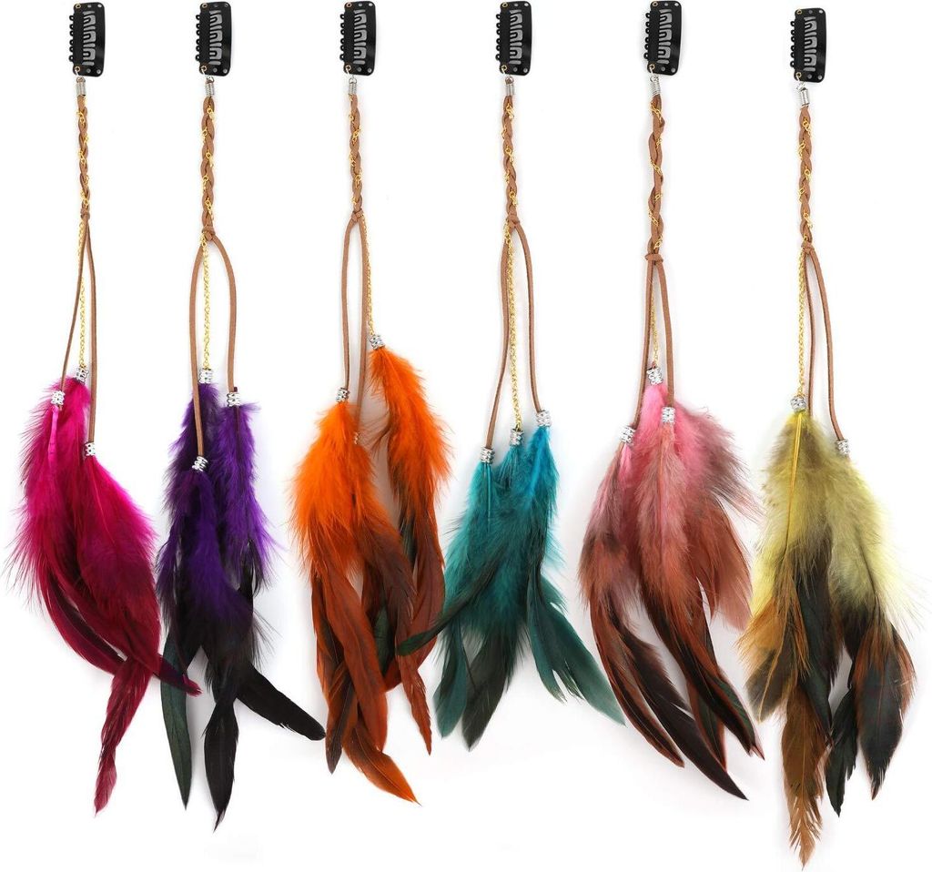 6 Stück Federn Haarextensions, Bunt Haarverlängerung mit Federn, Boho Haarschmuck für Faschingskostüm Karneval Halloween Verkleiden Damen Cospl...