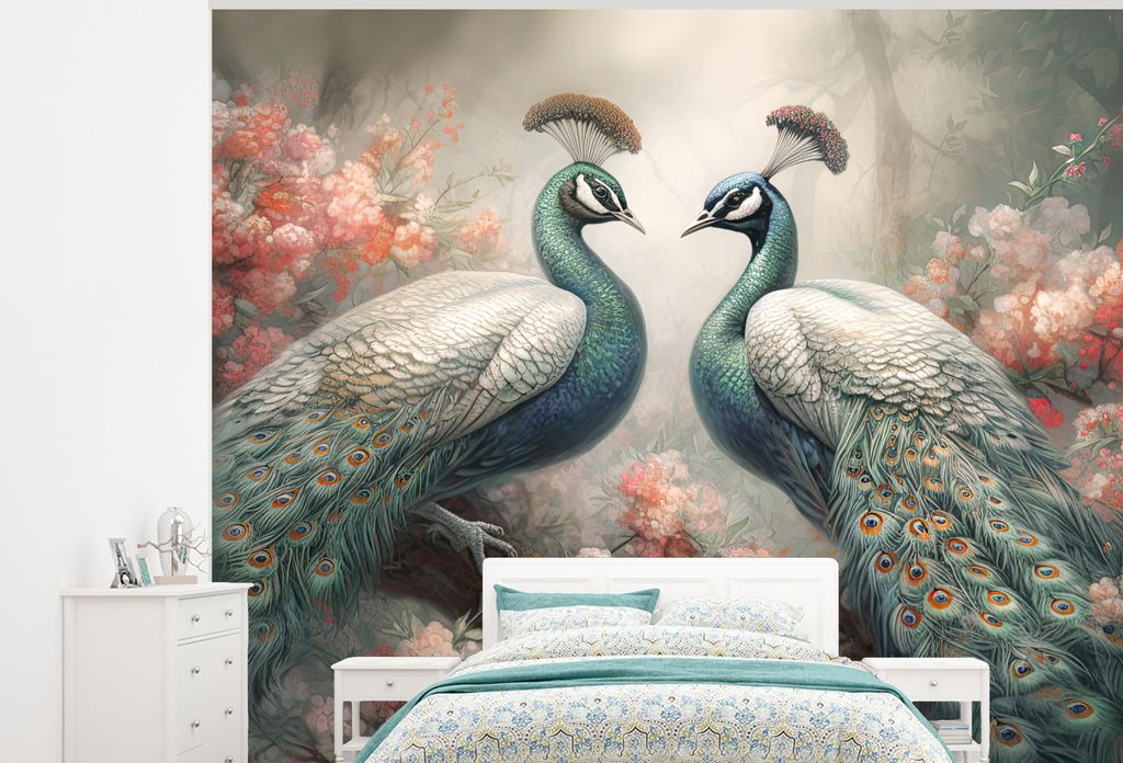 MuchoWow Fototapete für Wohnzimmer oder Schlafzimmer Wandtapete Vinyl Motivtapete Pfaue - Pfauenfedern - Vögel - Natur - 375x300 cm - Tapezierp...