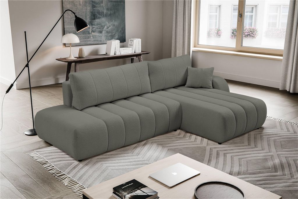 Masseno Ecksofa GIOIA R-S mit Schlaffunktion L-Form, Sofa mit Bettkasten, Wohnzimmersofa, Couch, Soffa, Bettsofa, Couchgarnitur- Grau, LAMBI 12