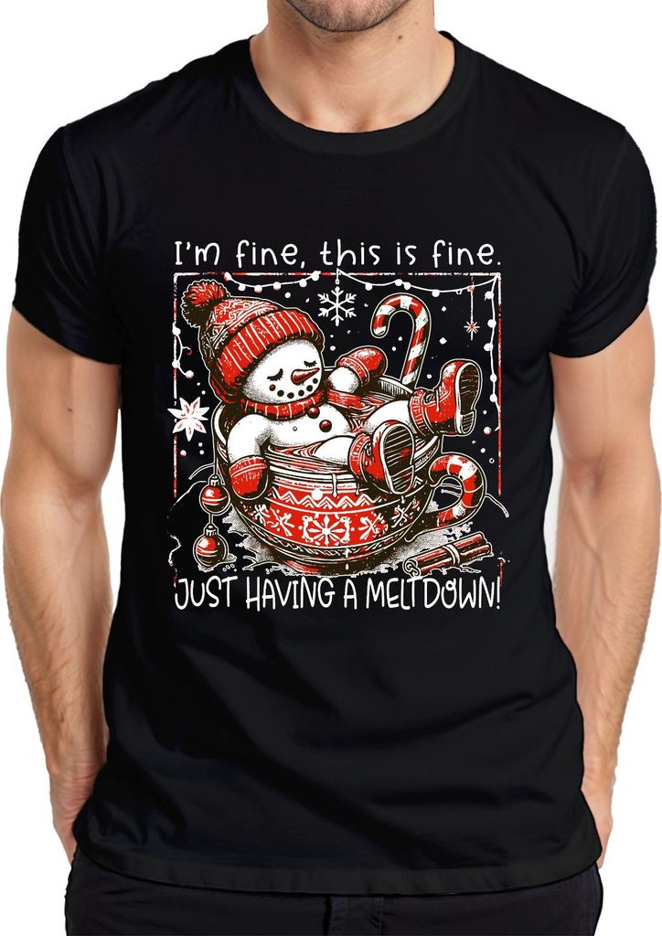 I'm fine this is fine meltdown Schneemann lustig Herren T-Shirt, Schwarz, L