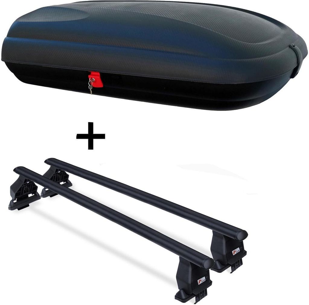Dachbox VDPBA320 320 Ltr Carbonlook abschließbar +Dachträger Menabo Tema kompatibel mit für Mercedes B-Klasse W246 (Kombi 5 Türer) ab 2012 Stahl