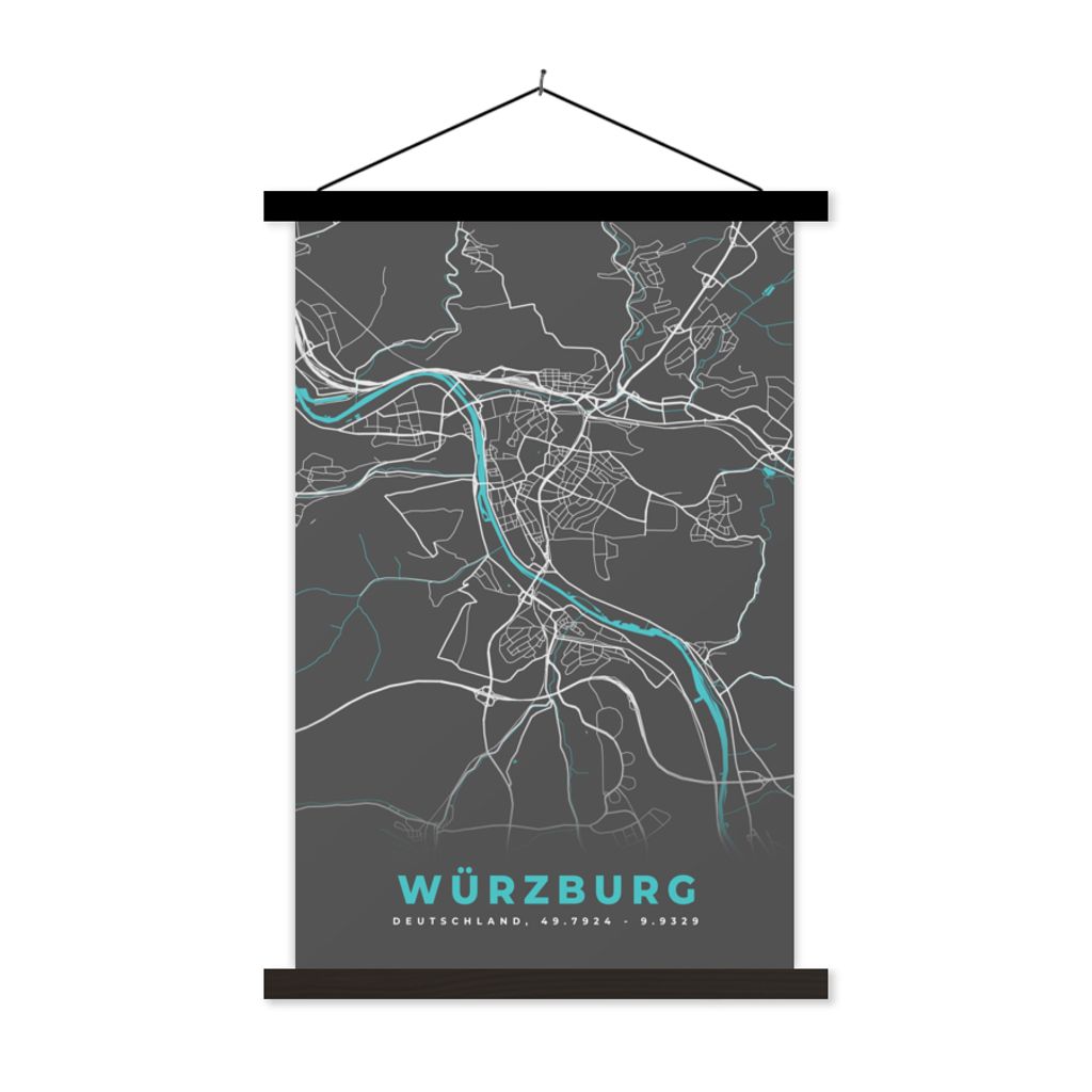 MuchoWow Textilposter Blau - Deutschland - Karte - Stadtplan - Würzburg 120x180 cm mit schwarzem Rahmen - Fotos
