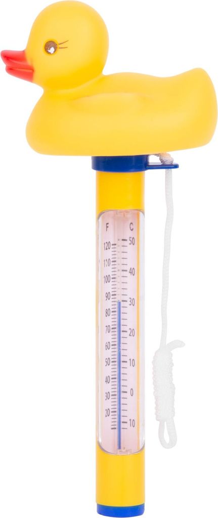 A yellow duck-shaped thermometer floats in water, showing temperature readings on a clear tube.