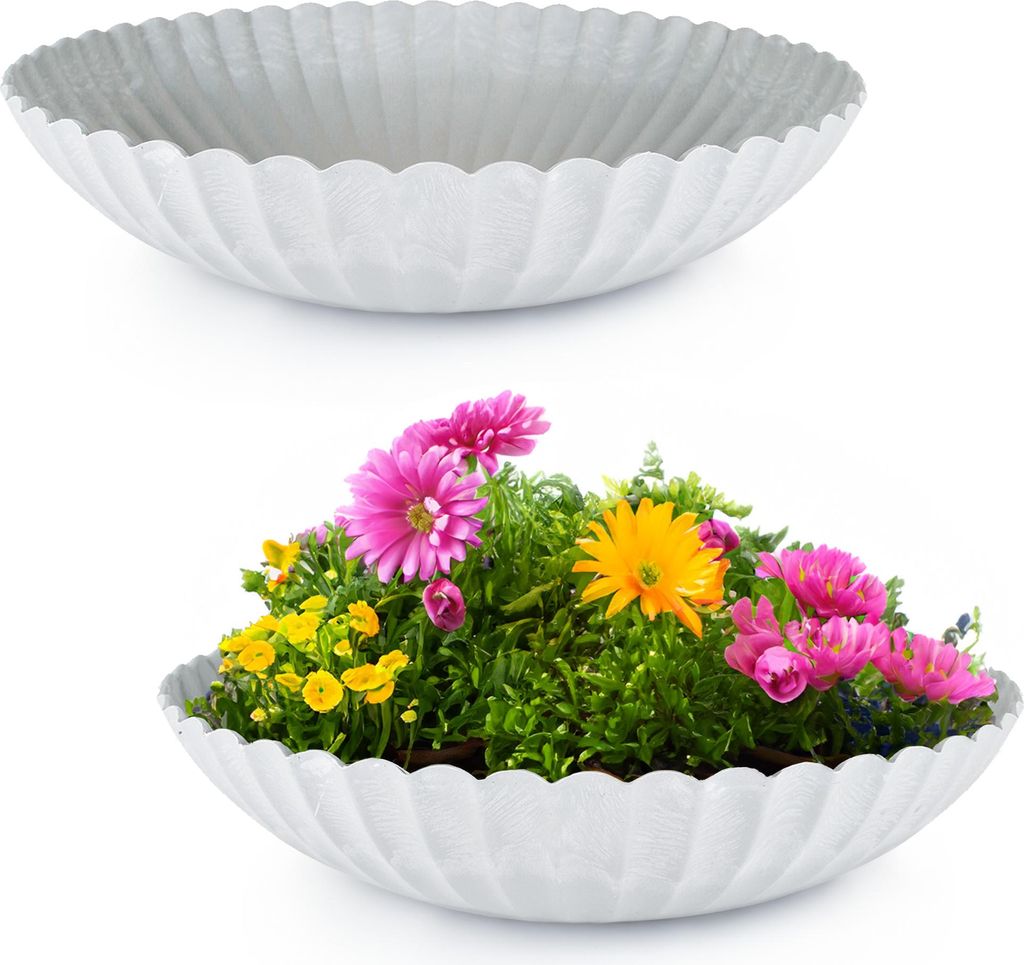 Runde Pflanz-Schalen gewellt für draussen grau marmoriert 22 cm