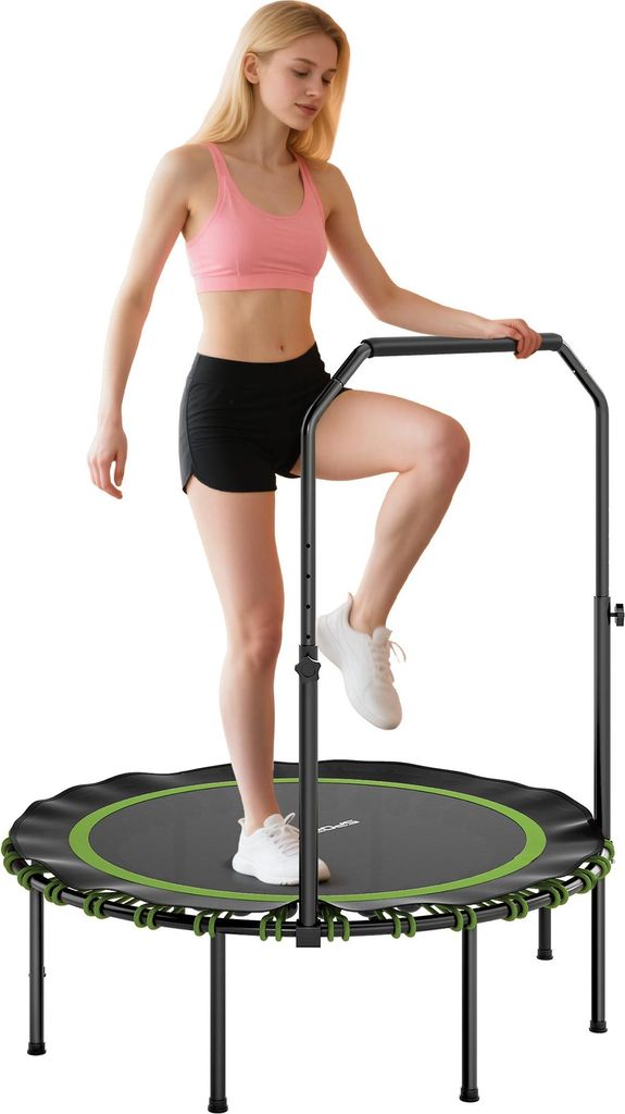 Fitness-Trampolin mit verstellbarem Handlauf. Sport-Trampolin fš¹r drinnen und drau?en. Stahl. Kunststoff. Grš¹n
