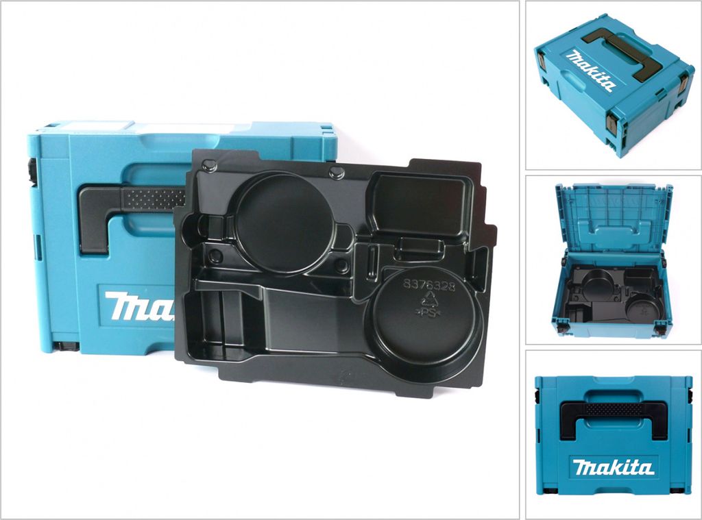 A collage of images showing a blue Makita tool case with a black insert.