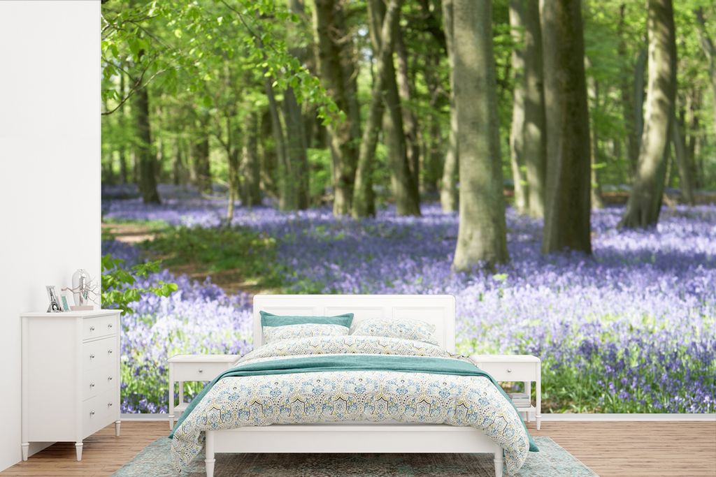 MuchoWow Fototapete für Wohnzimmer oder Schlafzimmer Wandtapete Vinyl Motivtapete Wald - Weg - Blumen - Lila - Grün - Natur - 330x220 cm - Foto...