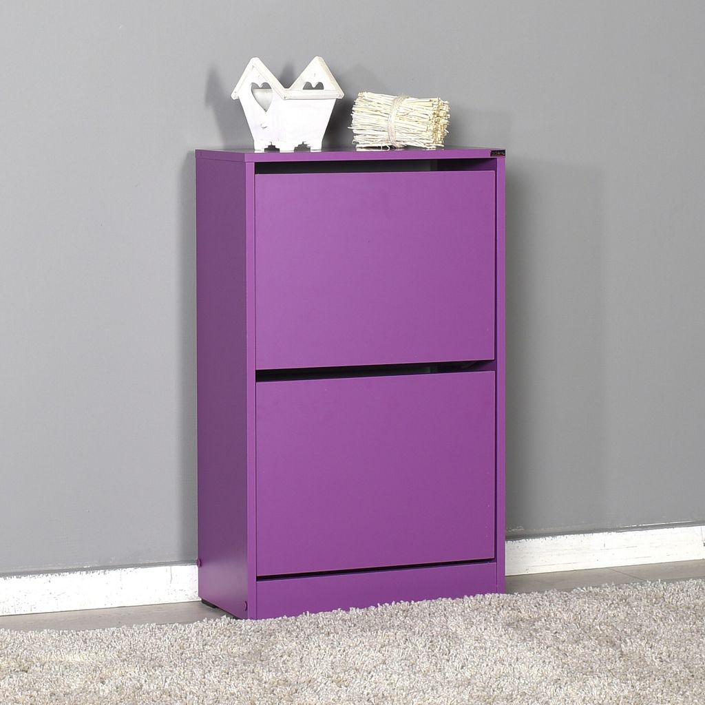 A purple shoe cabinet against a gray wall and on a light-colored rug.