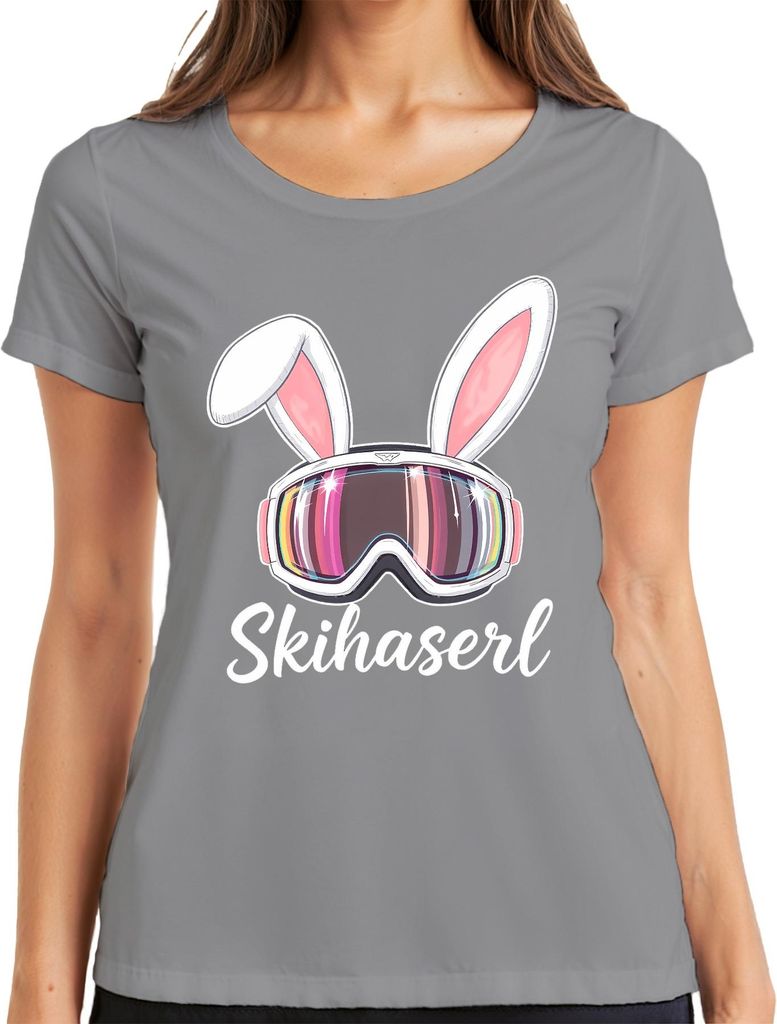 Skihaserl Skifahren Skibrille Bunny Lustig Fasching Karneval Damen T-Shirt, Grau, M