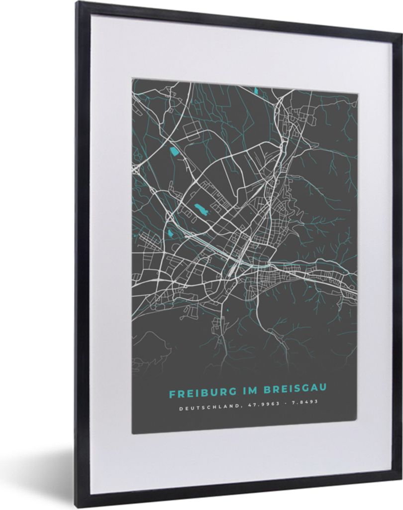 MuchoWow Gerahmtes Poster Stadtplan - Karte - Freiburg im Breisgau - Blau - Deutschland - Karte 30x40 cm - Poster mit Schwarzem Bilderrahmen Wand...
