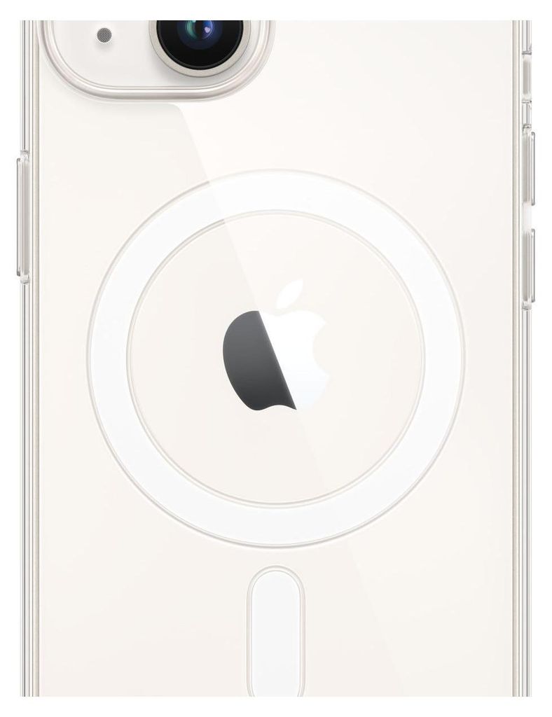 The back of a clear iPhone case with the Apple logo visible through it.