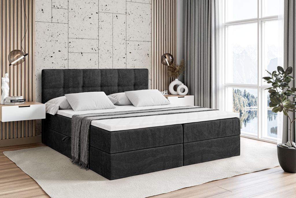 ALTDECOR Boxspringbett mit Multipocket-Matratze H4 (20 cm hoch) mit + PUR + Kokosmatte, Topper (5 cm hoch), Polsterbett mit Kopfteil und Bettkasten...