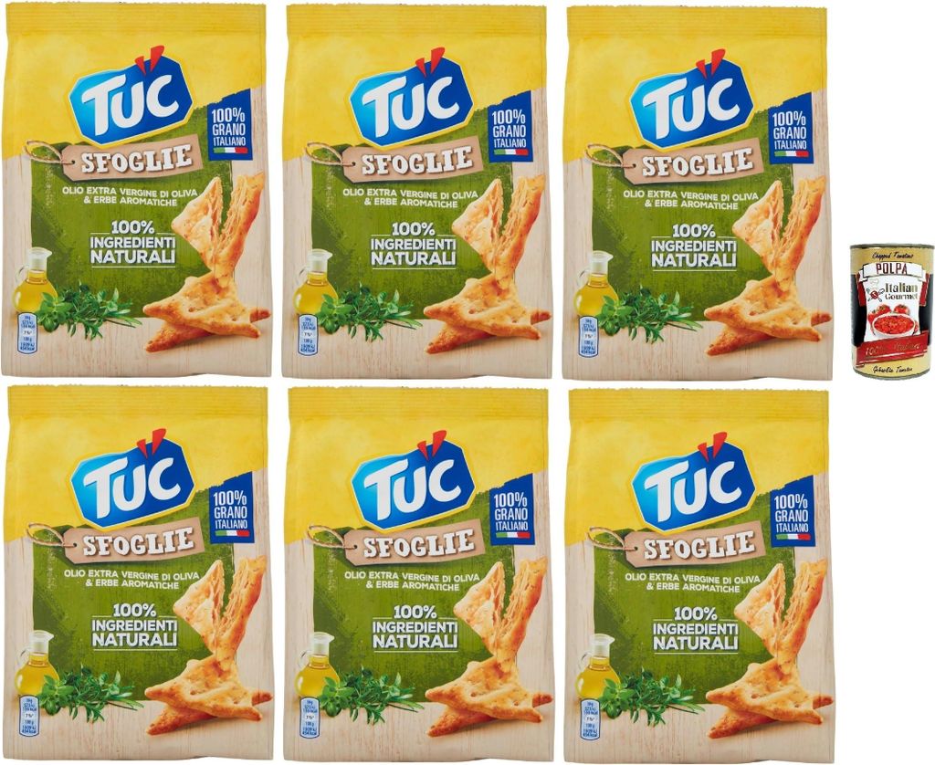 Tuc Sfoglie, Extra natives Olivenöl und aromatische Kräuter, dünne und knusprige Dreiecke, im Ofen gegart, 6x 170g + Italian Gourmet polpa 400g