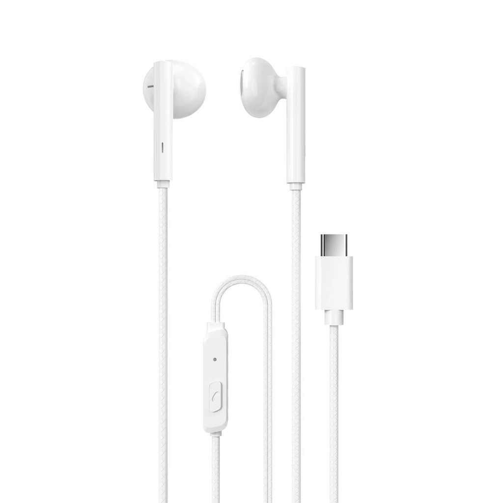 A pair of white USB Type-C earphones with an inline remote and microphone, displayed against a plain white background.