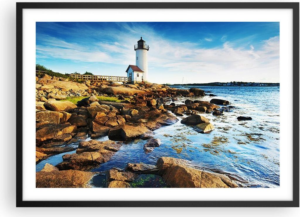 Gerahmtes Poster - Schwarzer Rahmen - Leuchtturm Ufer Wolke Landschaft - 70x50 cm - Wand Bild - Wanddeko - Wandbilder - Wandposter - Bilderrahmen -...