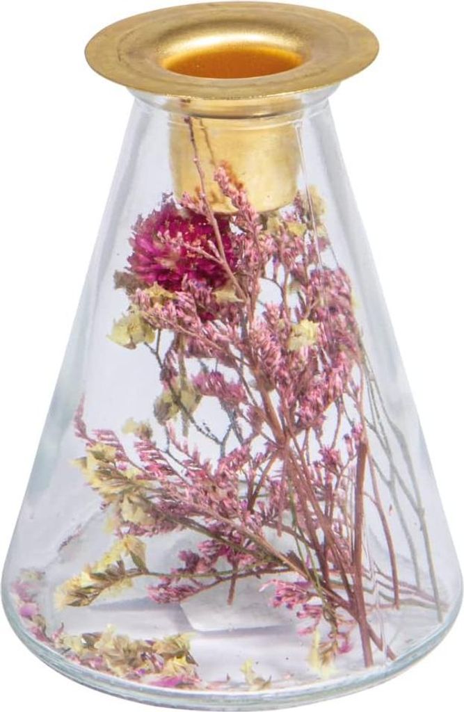 Glasvase mit Trockenblumen und Kerzenhalter - dekorativ - 1 Stück - klares Glas - 12,5 cm hoch