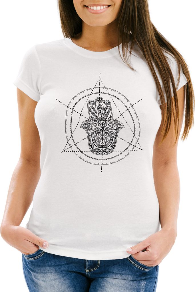 Damen T-Shirt Hamsa Hand der Fatima Glücksbringer Symbol Slim Fit Neverless weiß XXL