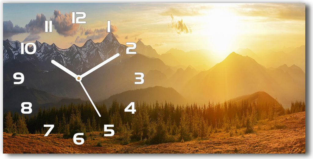 Wanduhr aus Glas – 60x30 cm - Glasbild - Glasuhr - Gehärtetes Glas - weisse-zeiger - Sunset Berge