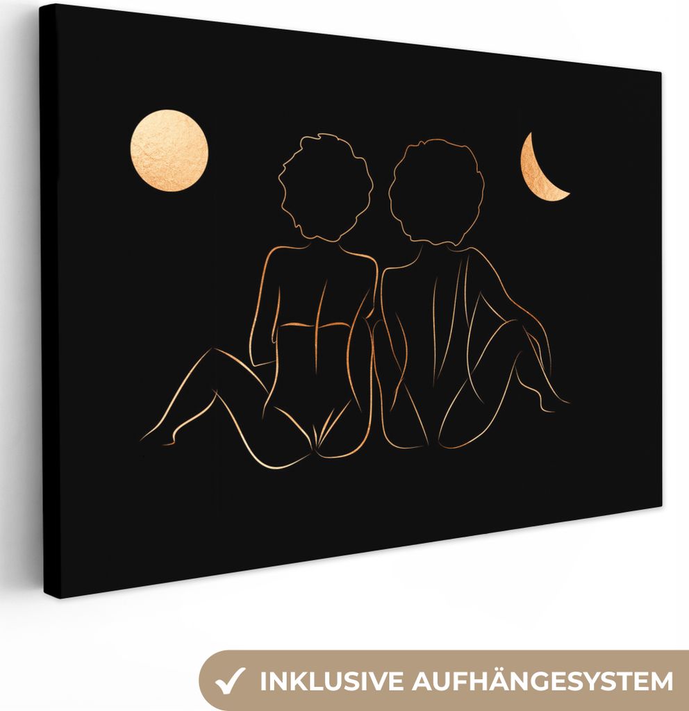 OneMillionCanvasses - Leinwandbilder - 140x90 cm, Frauen - Mond - Gold - Strichzeichnung, Wandbilder Kunstdruck Wanddekoration