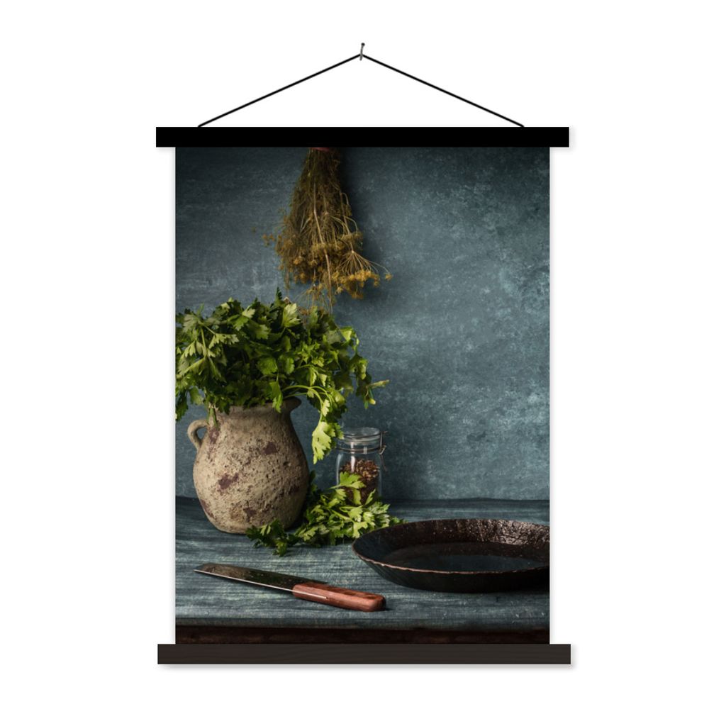 MuchoWow Textilposter Kräuter - Gewürze - Pfanne - Messer - Grau - Rustikal 60x80 cm mit schwarzem Rahmen - Plakathalter